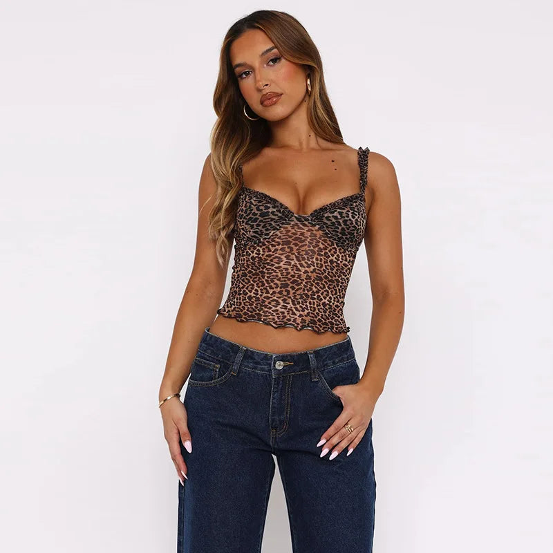 Leopard Print Camisole Mesh See Through Low-Neck Backless Ruffles Hem Street Tank Top