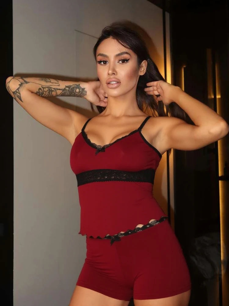 Matching 2 Piece Set Trim Low Neck Irregular Crop Camiole Elatic Wait Slim Short Sweet