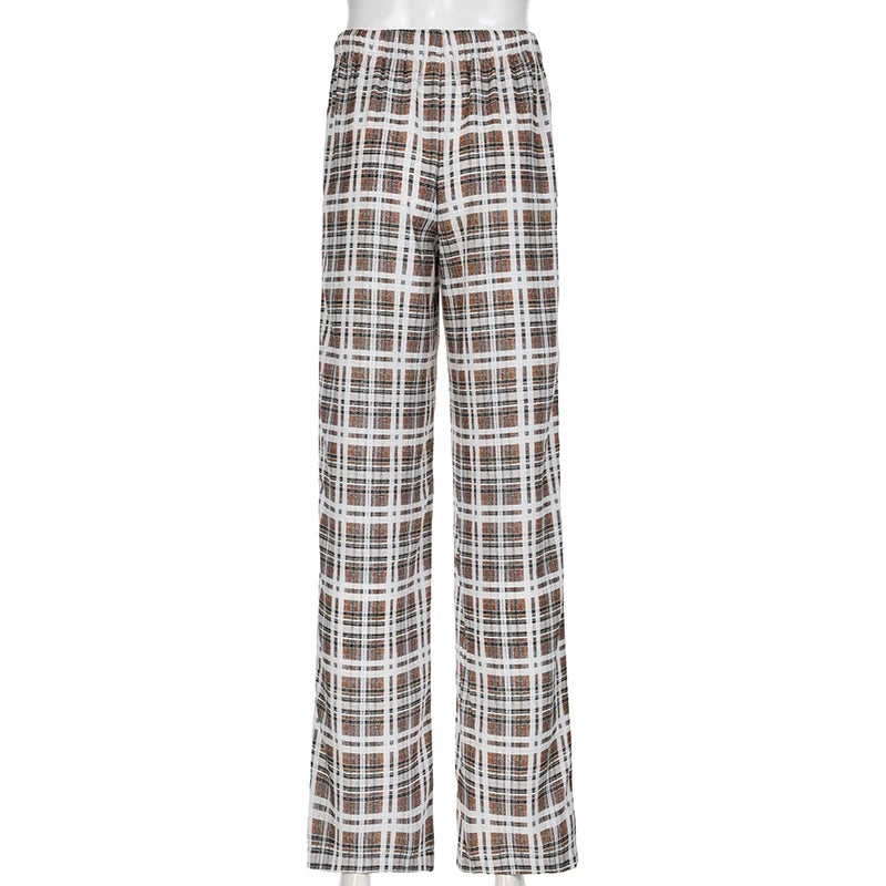 Drawstring Plaid Pants Elastic Waisted Sweatpants Straight Pants