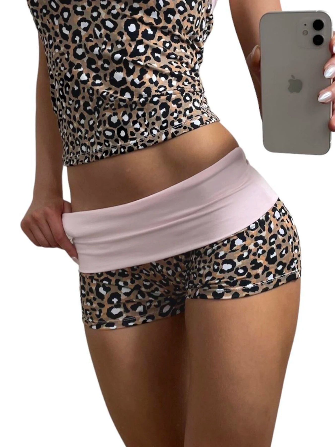 Leopard Patchwork Slim Two Piece of Set Tube Top and Low Wait Short Suit