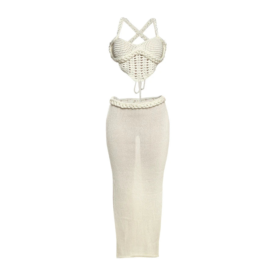 Crochet Shirring Two Piece Set Cross Backless Irregular Top Long Skirt Suits