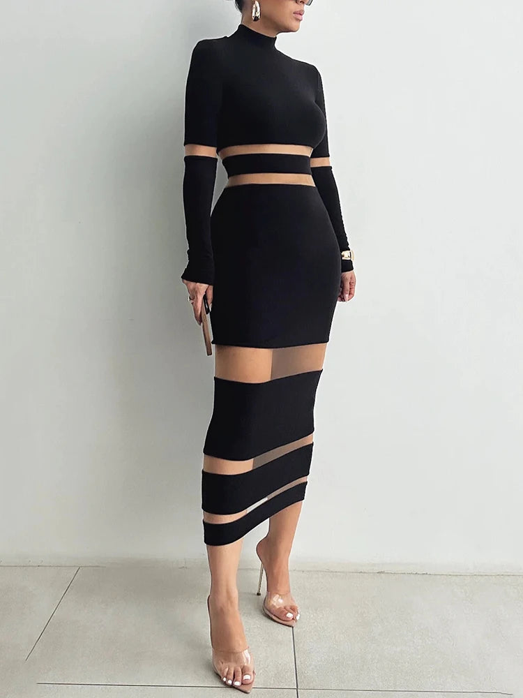 Patchwork Bodycon Midi Dress Turtleneck Long Sleeve Dress