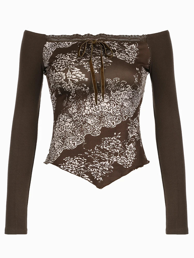 Floral Print Slim Top Tees Lace-up Brown ing Patchwork
