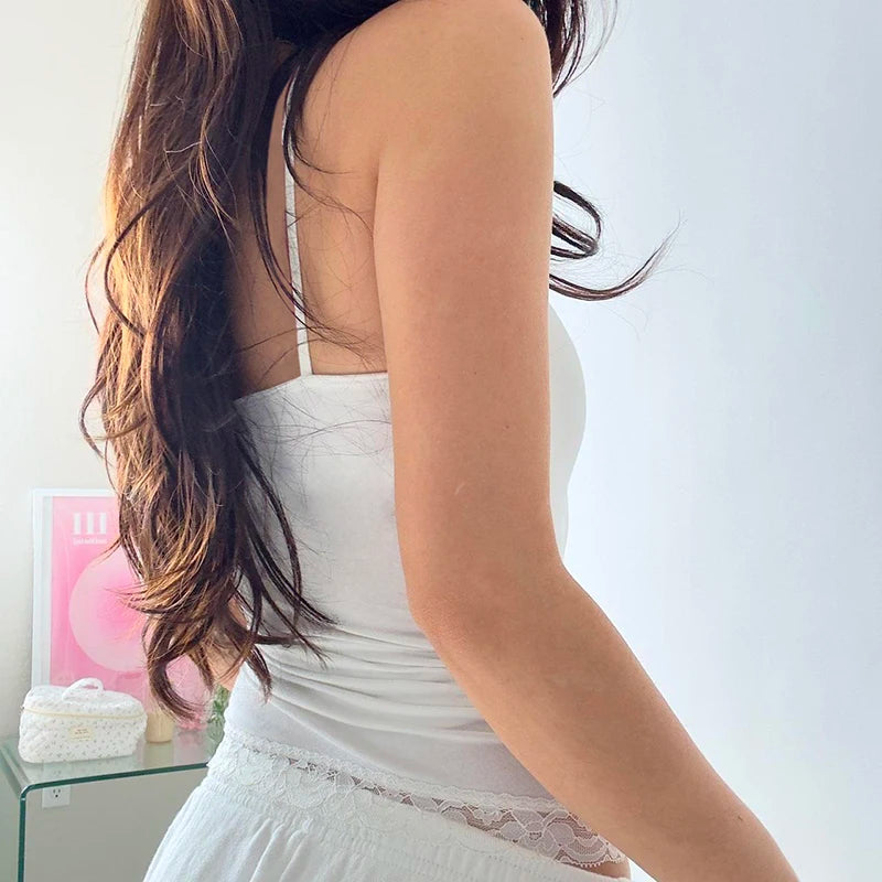 Lace Patchwork Camis Sleeveless Bow Spagetti Strap Top 's White