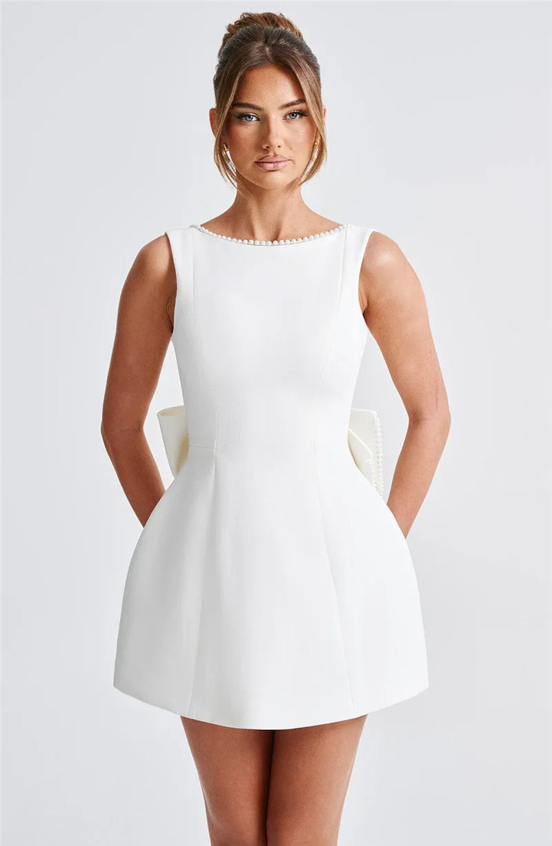 Pearl Bow Backless Mini Dress Zipper Sleeveless High Waist A-line Dress