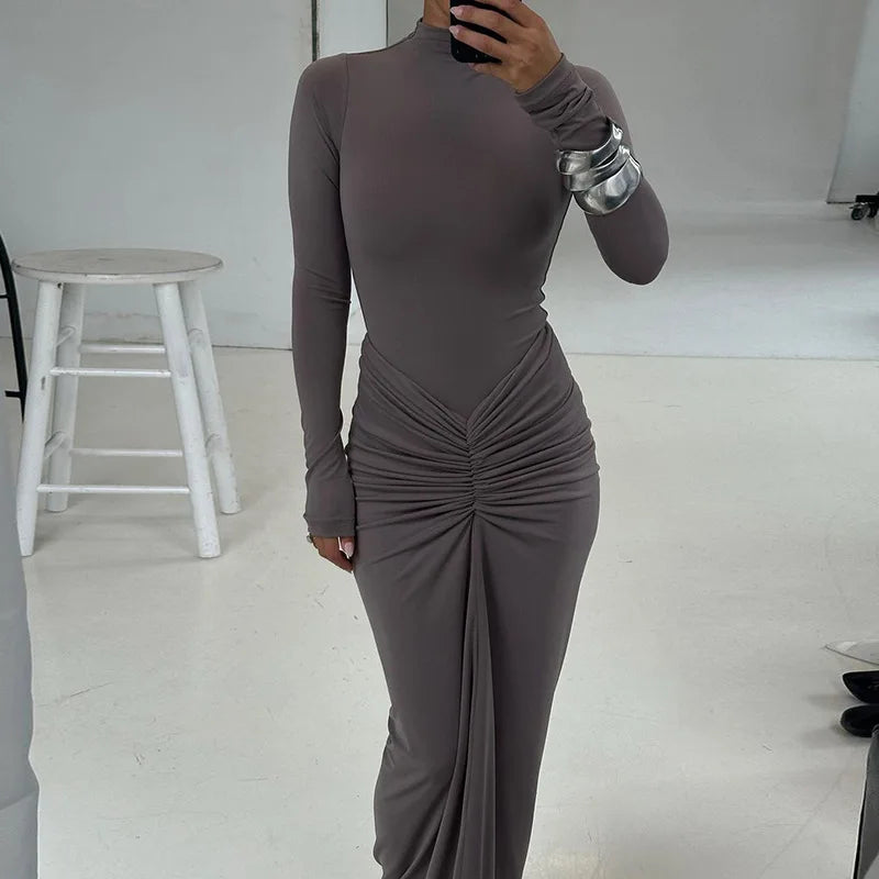 Pleated Patchwork Long Dress High Waist Long Sleeve Solid Slim Dress Maxi Dress