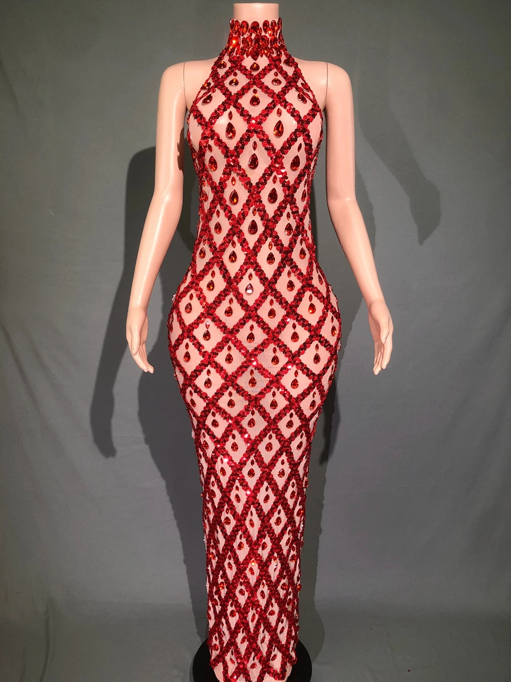 Sparkly Sequins Crystals Long Dress Prom Birthday Dress Transparent Performance Costume Show Stage Wear