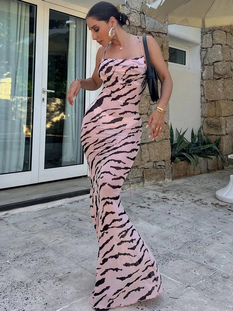 Mesh Zebra Backless Lace Up See Through Maxi Dress
