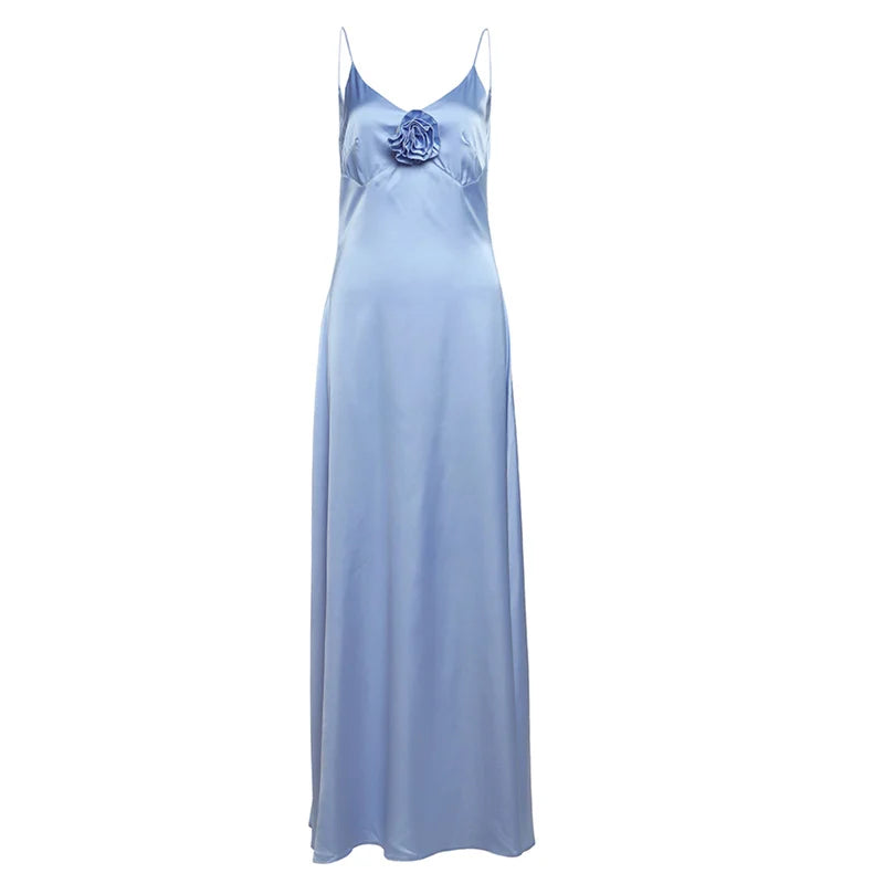 Applique Silky Dress Low-Neck Backless Sleeveless Ruched Robe