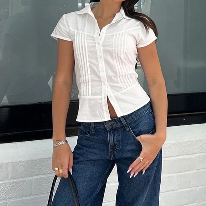 Turn-Down Collar Button-Up Corset Blouse 's Tee Shirt Short Sleeve Top