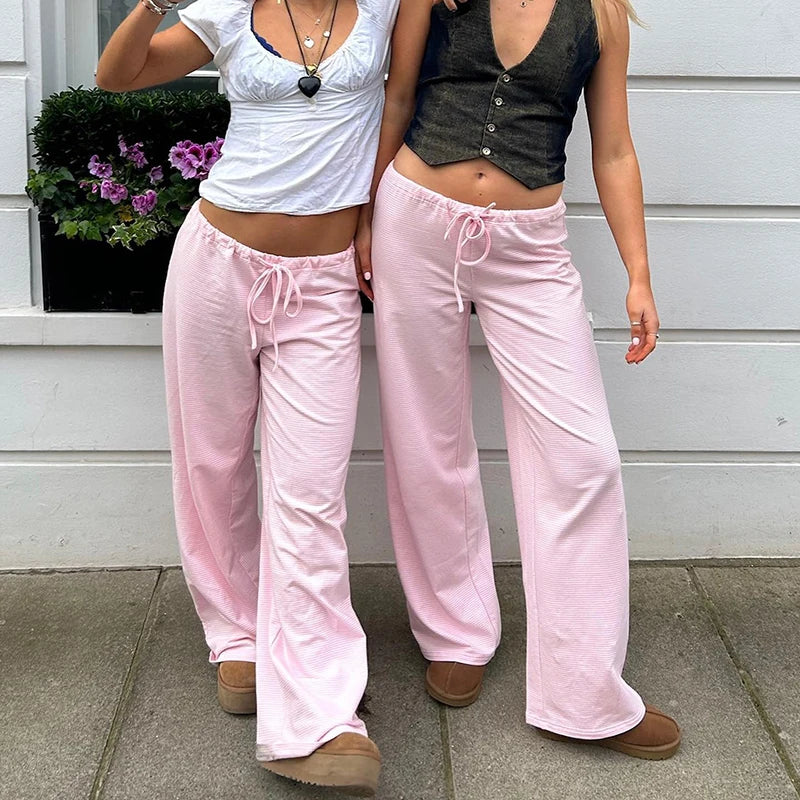 Striped Print Loose Pants Lace-up Trousers Bottoms