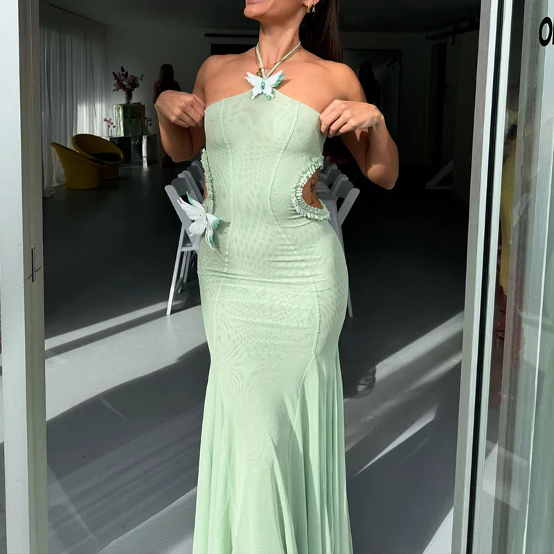 Butterfly Halter See Through Hollow Out Maxi Dress