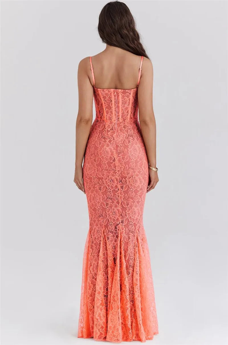 Floral Lace Maxi Dress For Orange Spaghetti Strap Sleeveless Backless Bodycon Long Dress