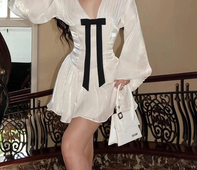 White Ruffles Dress Bow Patchwork V Neck Backless Mini Dress