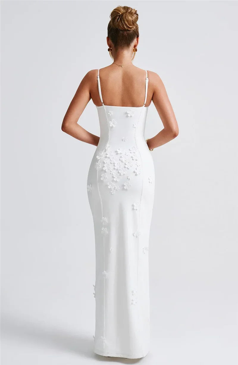 Flower Spaghetti Strap Maxi Dress Off-shoulder Backless Thigh High Split Evening Dress