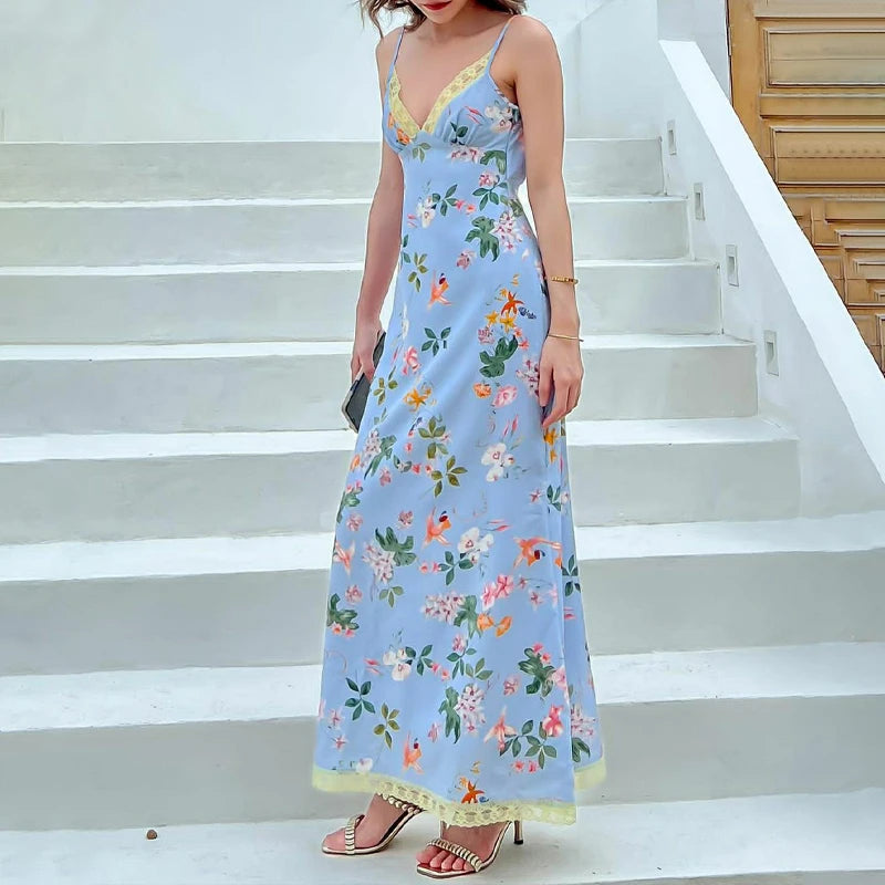 Floral Slips Backless Patchwork Lace Maxi Dress