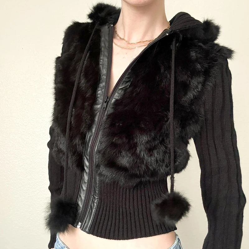 Zip Up Fur Patchwork Drawstring Hoodie Coats 's Jackets