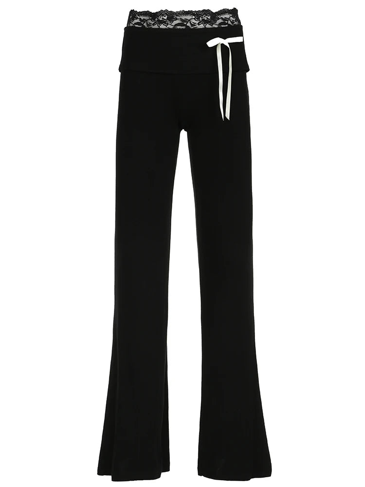 Lace Patchwork Bow Straight Pants Trousers Joggers Bottoms
