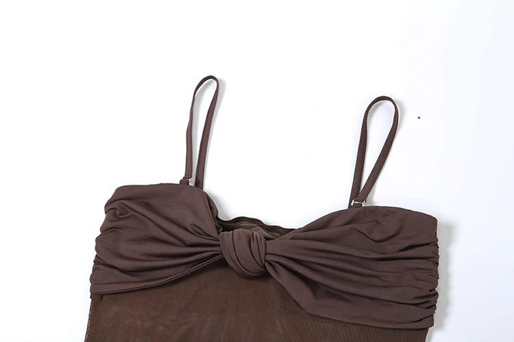 Knot Chest Wrap Dress Ruched Mesh Patchwork Sleeveless Stretch