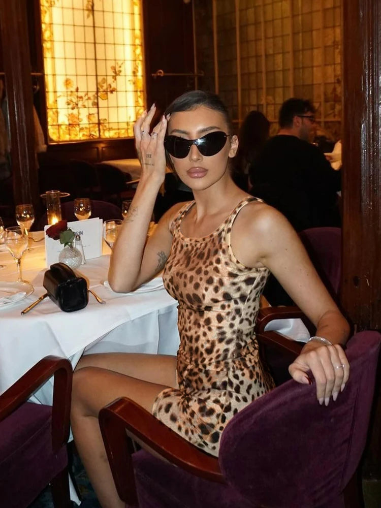 Dress Sleeveless Leopard Stretch O-Neck Mini Bodycon