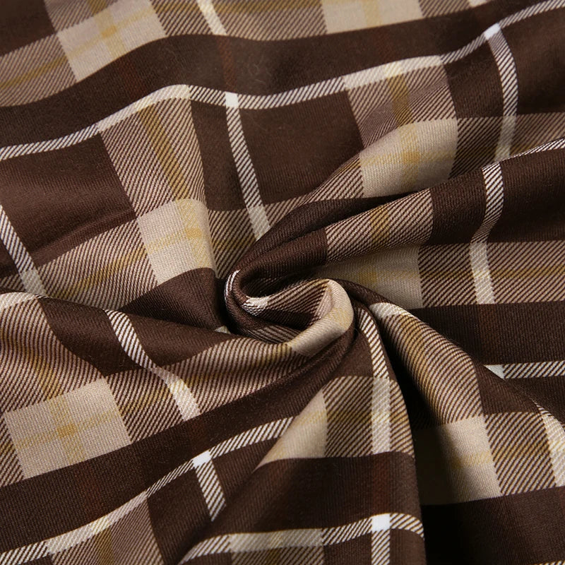 Retro Plaid Pullovers Turn-down Collar Loose Sweatshirts Brown