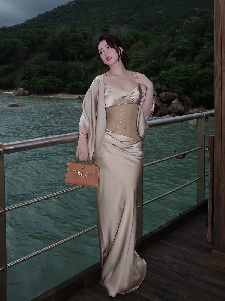 Supendency Maxi Dress Silk Embroidery Lace Low Neck Bodycon Banquet