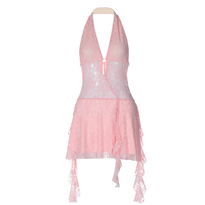 Lace Backless See Through Mini Dress