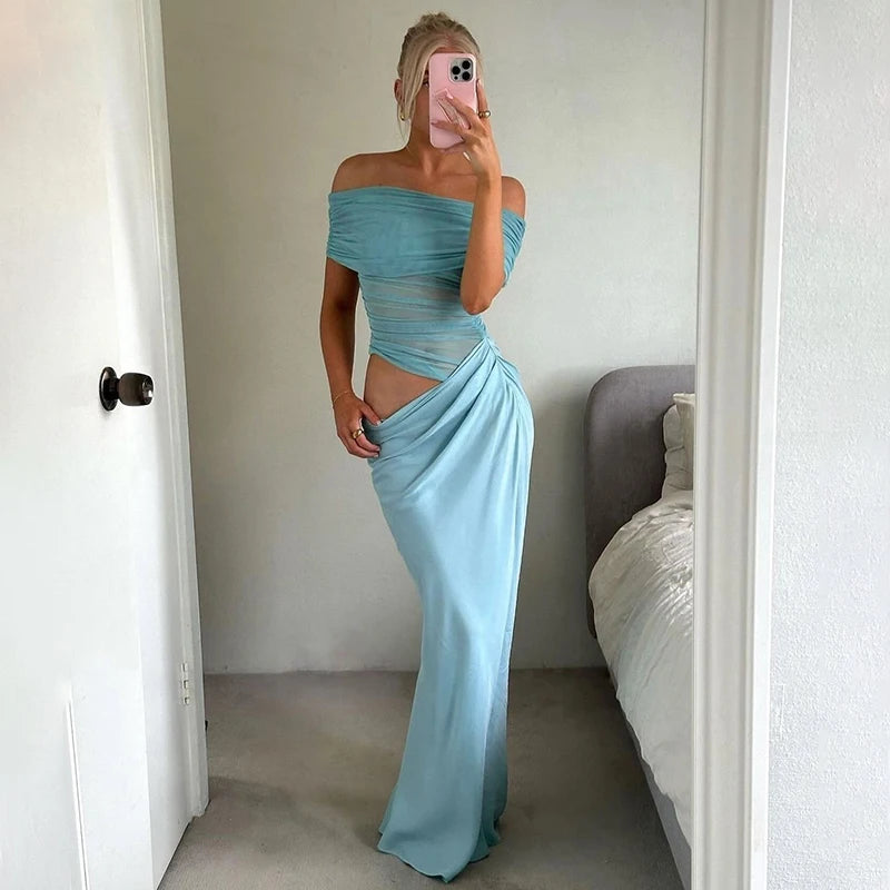 Off-Shoulder Meh Patchwork Dew Wait Slim Shrink Pleat Package Fihtail Dress