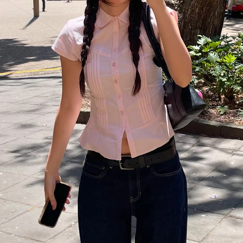 Turn-Down Collar Button-Up Corset Blouse 's Tee Shirt Short Sleeve Top