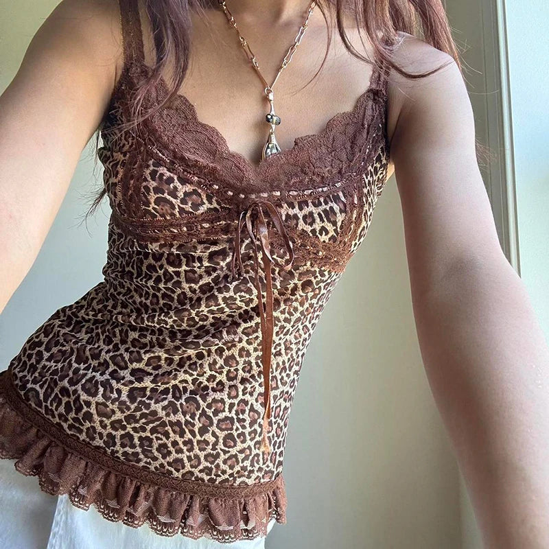 Leopard Print Camisole Backless Lace Patchwork Sleeveless Top Bustiers