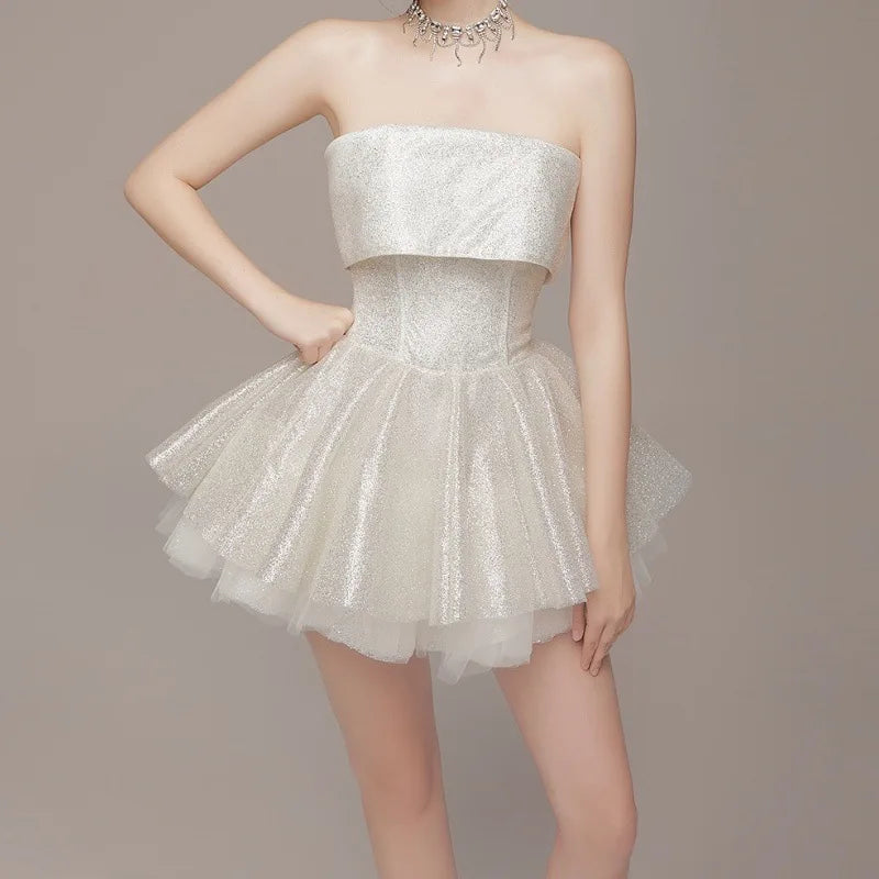 Strapless Shiny Dress White Backless A-line Dress Slim