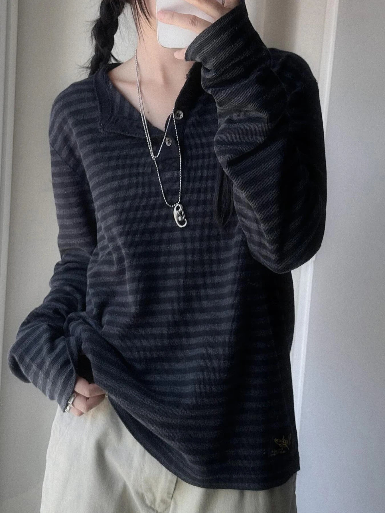 Striped Print Loose Tee Shirts Long Sleeves Botton Top