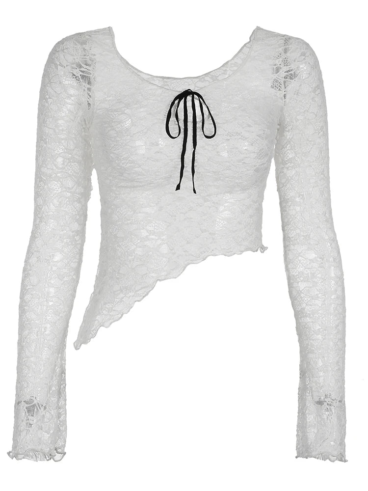 Crewneck See-through Lace Tee Shirt Long Sleeve Top