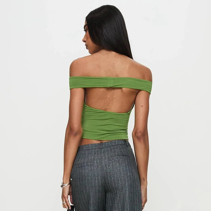 Slanting Cro One Straple Multi Backless Short Neckle Top Tee Deign Top Leiure