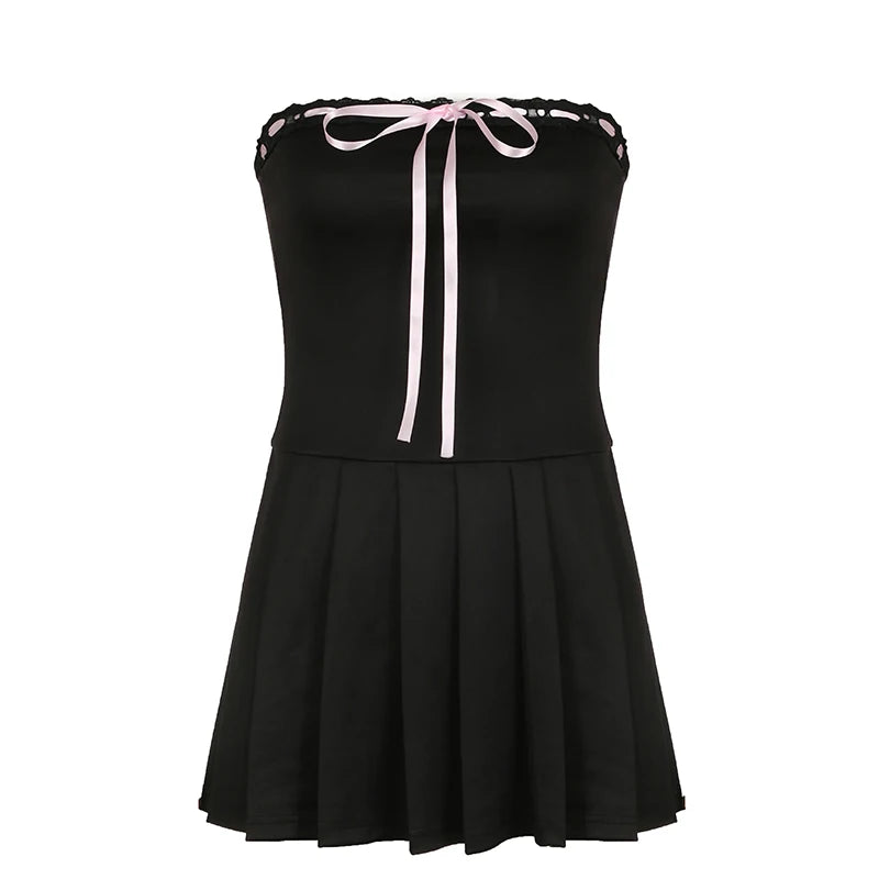 Patchwork Mini Dress Off Shoulder A-line Dress Lace-up Black