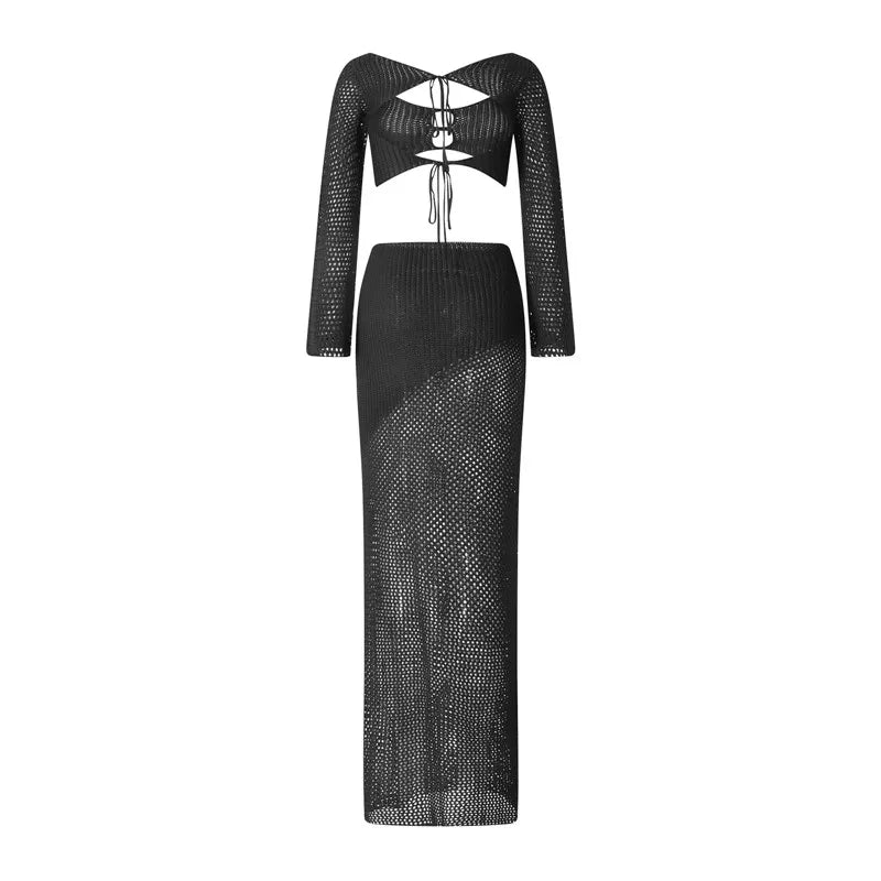 Crochet Knit 2 Piece Skirt Set Hollow Out Crop Top Long Sleeve Backless Tie Up Bodycon Dress