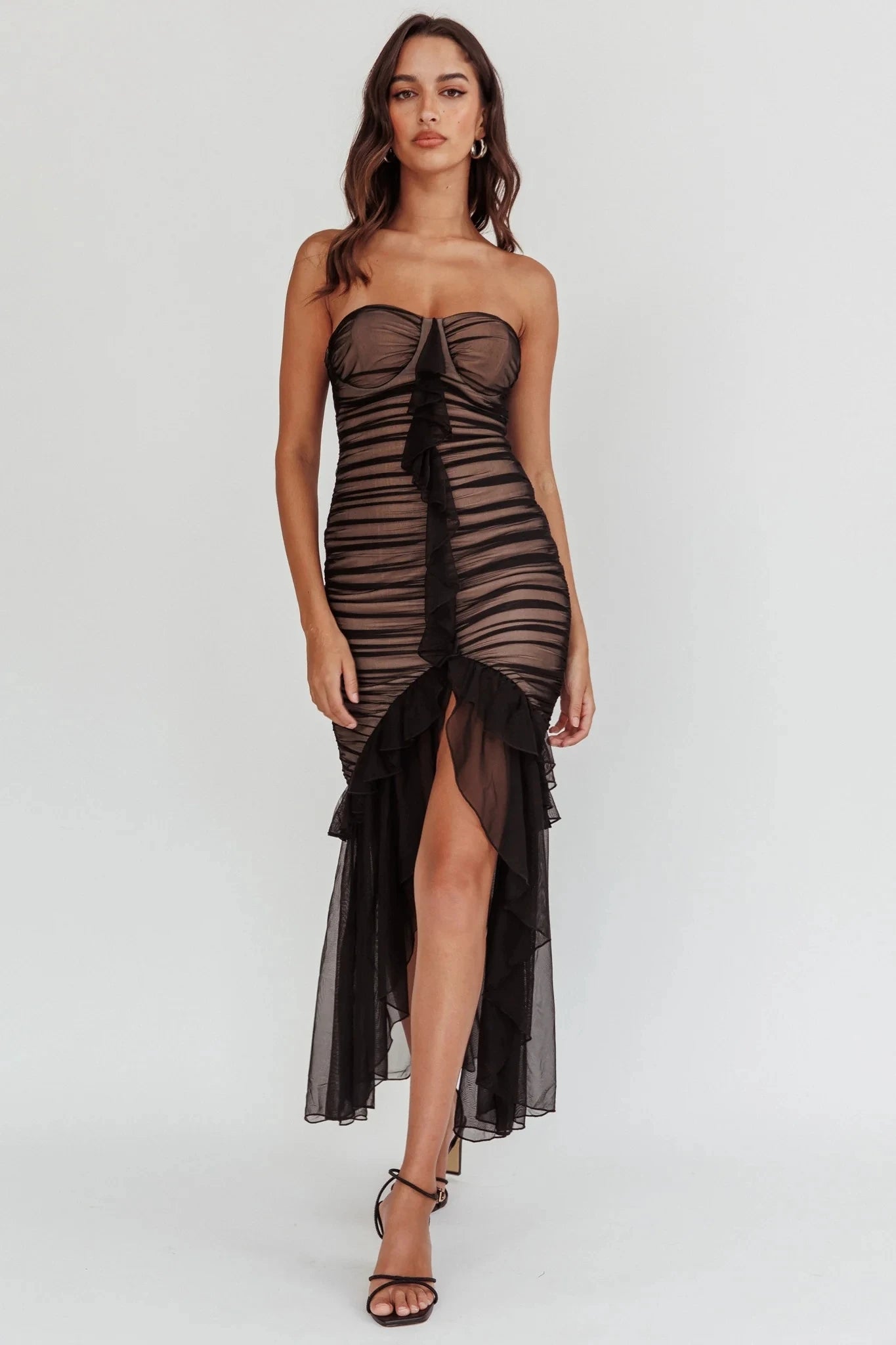 Mesh Patchwork Ruffle Edge Double Layered Dress For Bodycon Zipper Tight Dress
