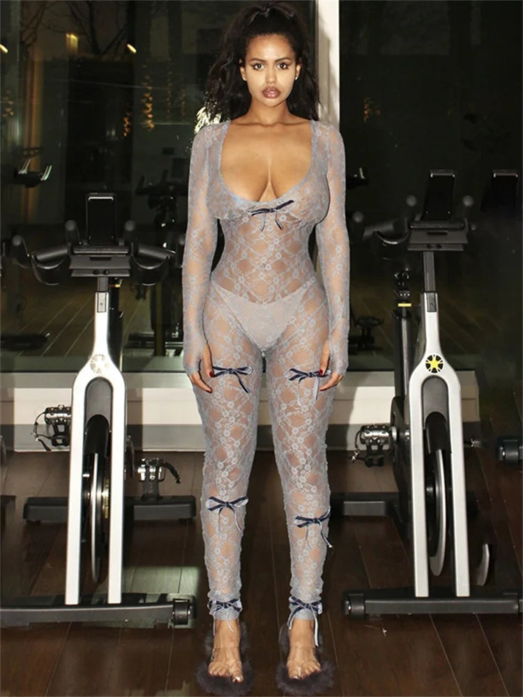 Lace Transparent Thin Solid Jumpsuit Long Sleeve Slim Fit Sheer Night Street Jumpsuit
