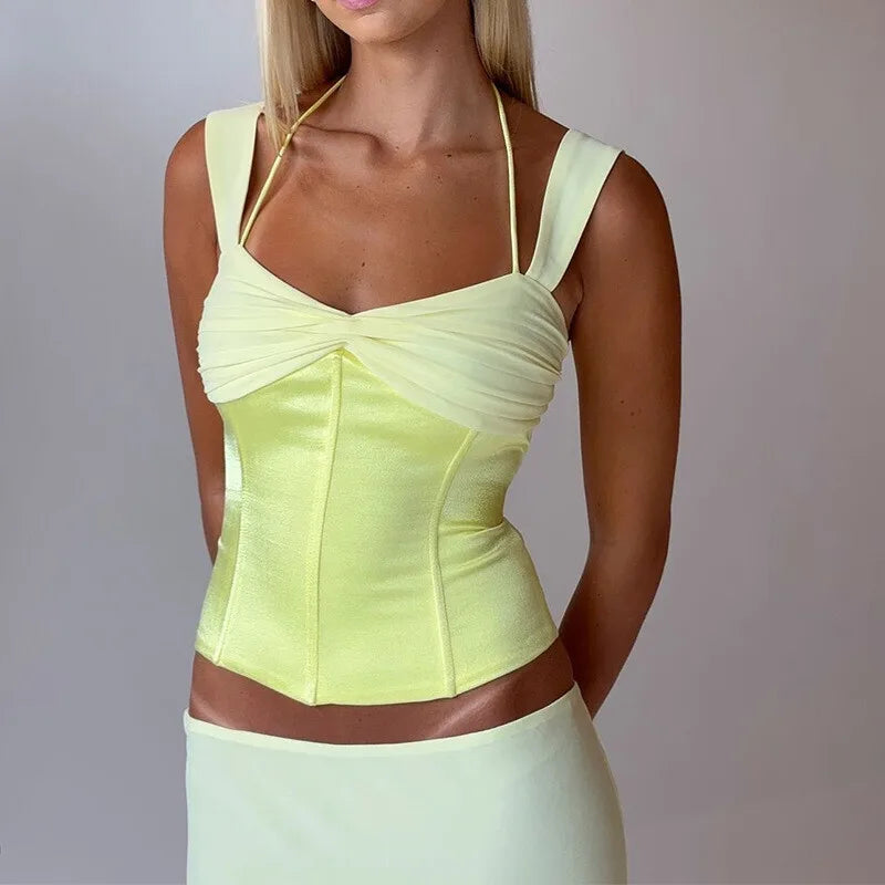 Patchwork Spaghetti Strap Two Piece Sets Skirt Suit Backless Top Long Skirt Slim Street