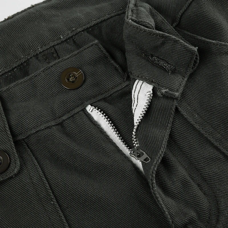 Retro Denim Cargo Pants Low Waisted Jeans Pockets Cotton Bottoms