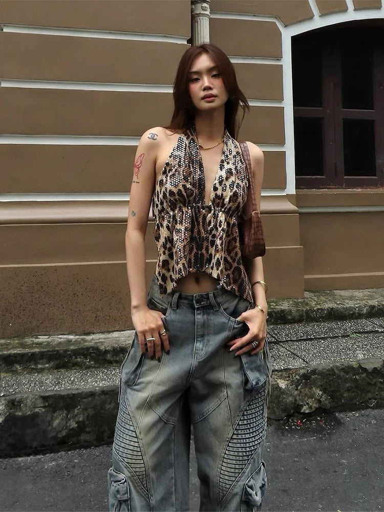 Leopard Sequins Vest Backless Halter V-Neck Lace-Up Sleeveless Wild Tank Top