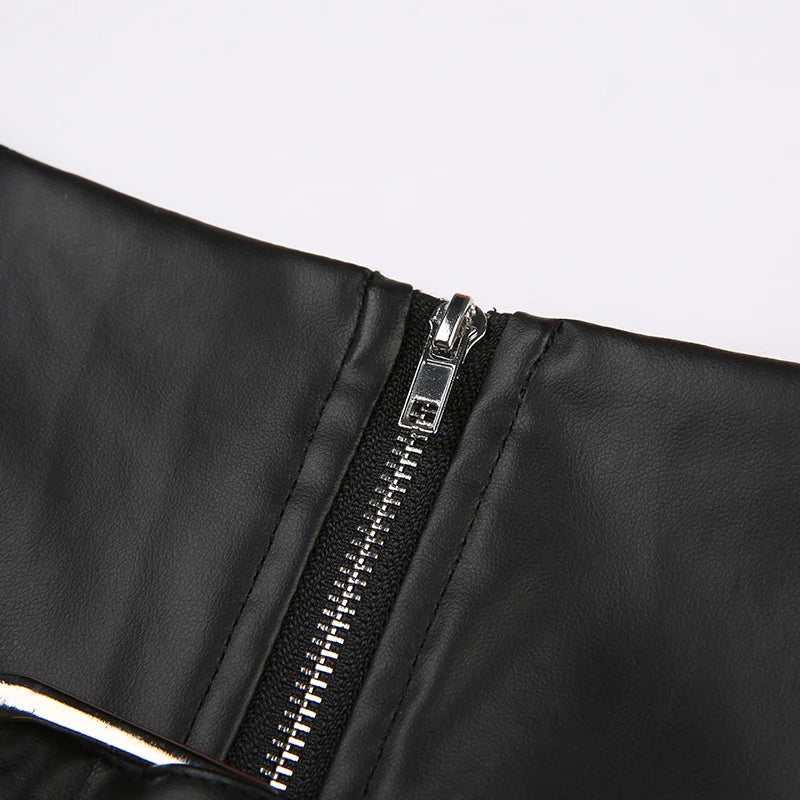 Low Waisted PU Black Mini Shorts Grunge Adjustable Zipper Bottoms