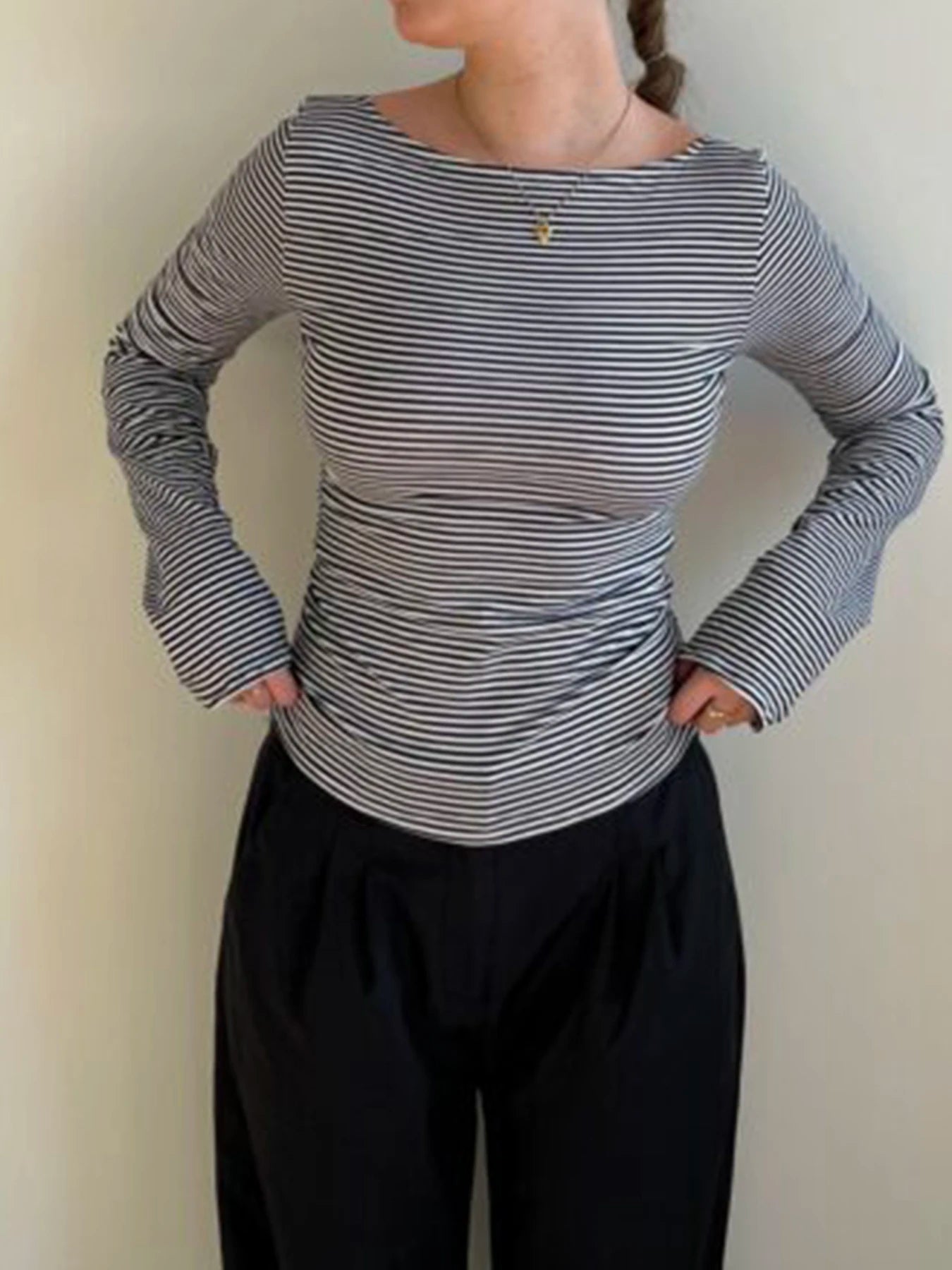 Strip Crewneck Top Backless Long Sleeve Slim Shirt Tee