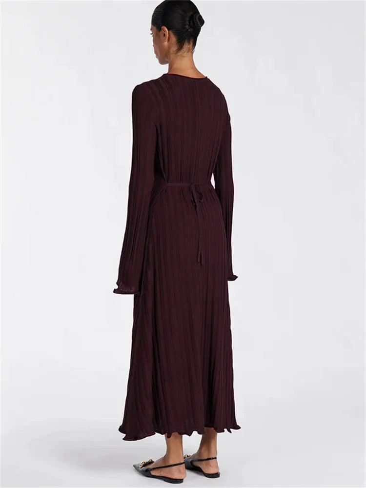 Knit Loose Maxi Dress Lace-Up High Waist Ribbed Long Sleeve Dress Knit Long Dress
