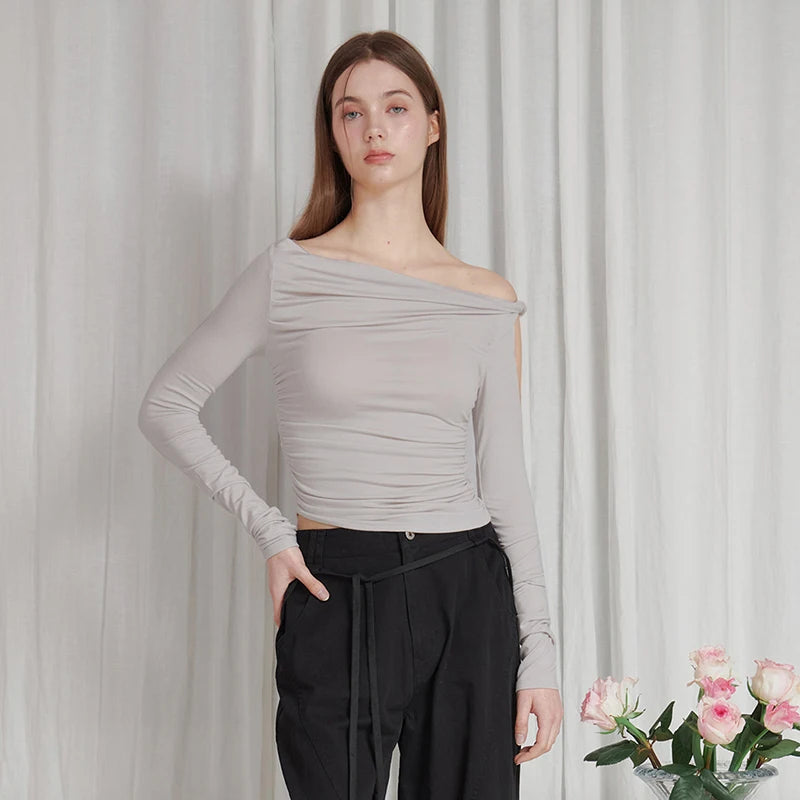 Oblique Collar One Shoulder Tie Long Sleeve Top Ruch Pullover