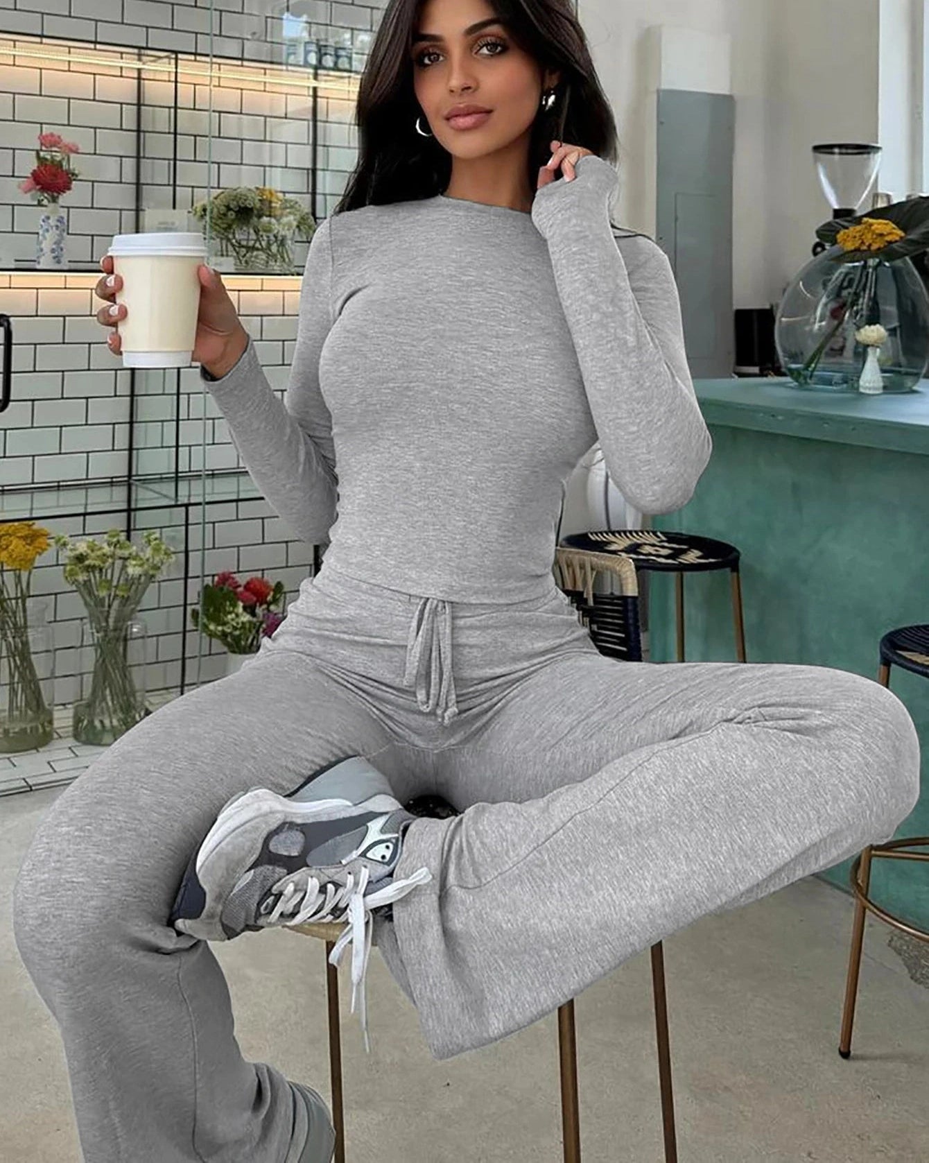 Long Sleeves Bodycon Crop Top And Drawstring Flare Pants Matching Set