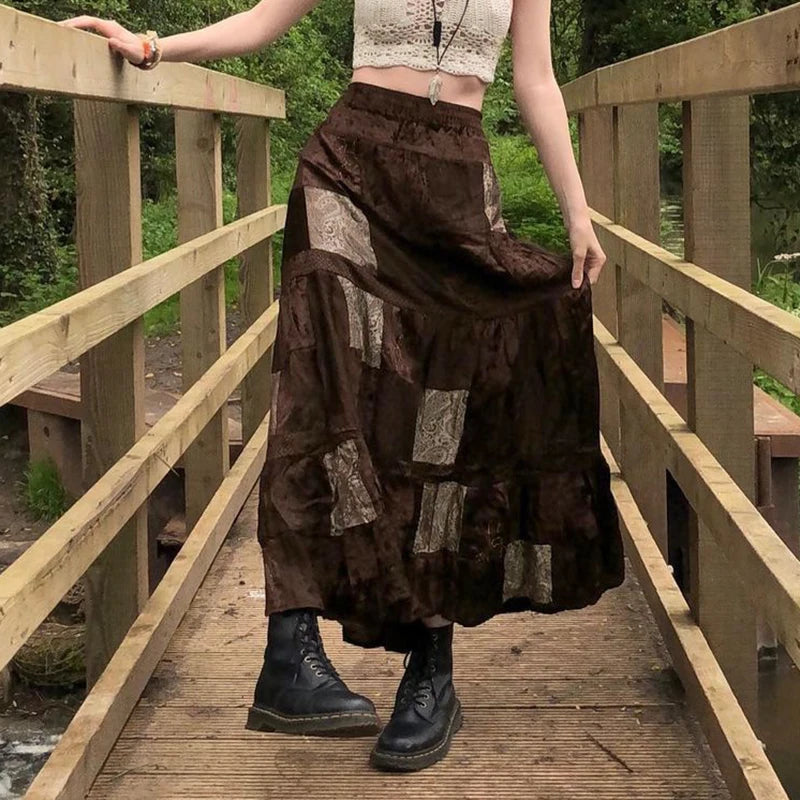 Patchwork Velvet Long Skirts Fairycore Grunge Bottoms Retro Skirts
