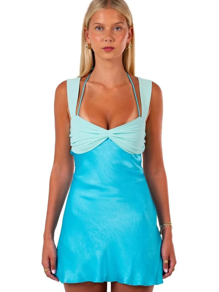 Patchwork Sleeveless Mini Dress Satin Strapless Backless Lace-up High Waist A-line Dress