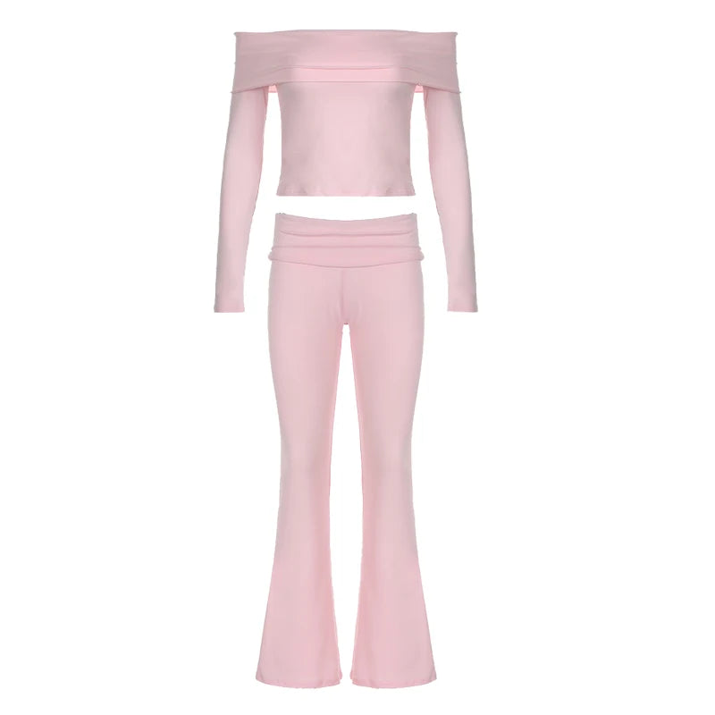 Off Shoulder T-shirt and Flare Pants Two Piece Set