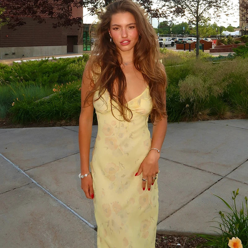 Yellow Floral Backless Ruffle Midi Dress